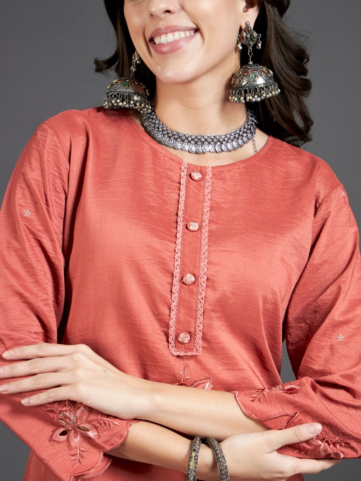 Heeposh Rust Intricate Detailing Straight Kurta and Pants with Organza Dupatta (Set of 3)