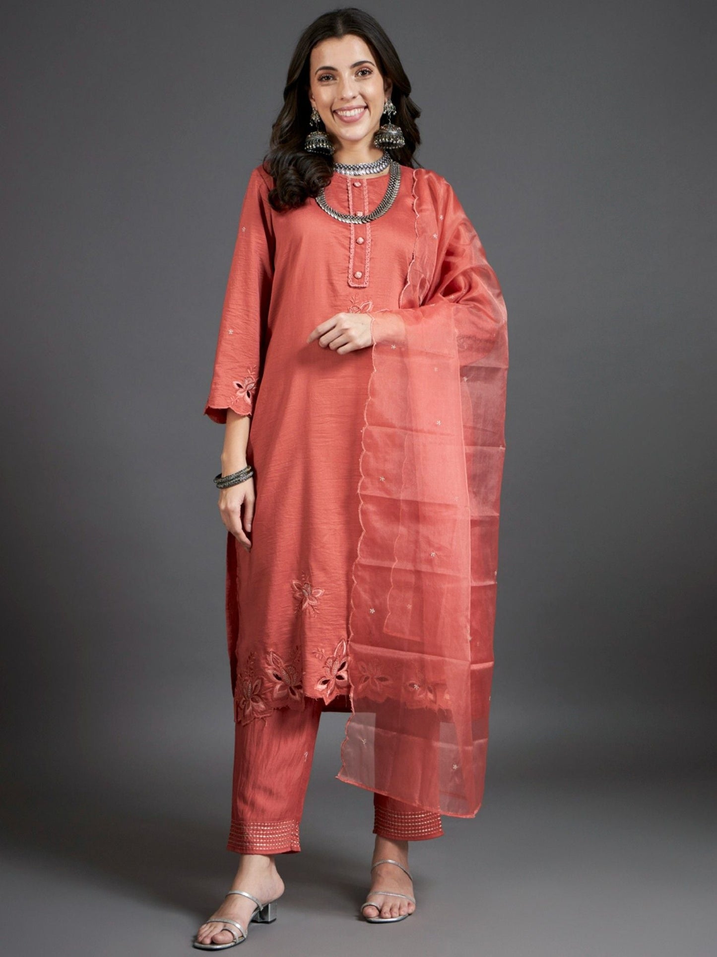 Heeposh Rust Intricate Detailing Straight Kurta and Pants with Organza Dupatta (Set of 3)