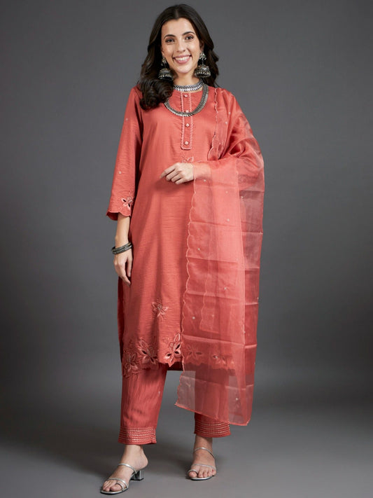 Heeposh Rust Intricate Detailing Straight Kurta and Pants with Organza Dupatta (Set of 3)