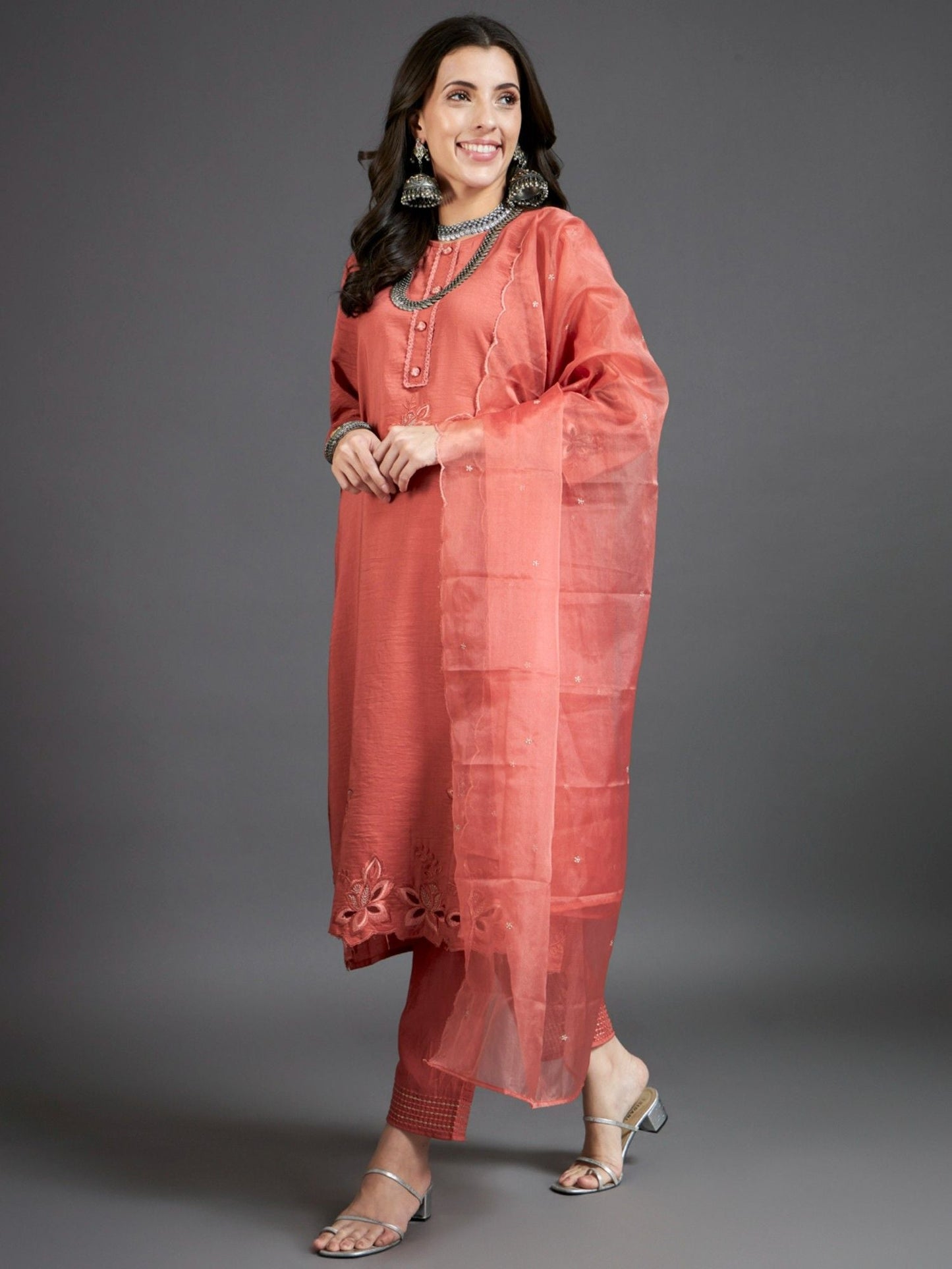 Heeposh Rust Intricate Detailing Straight Kurta and Pants with Organza Dupatta (Set of 3)
