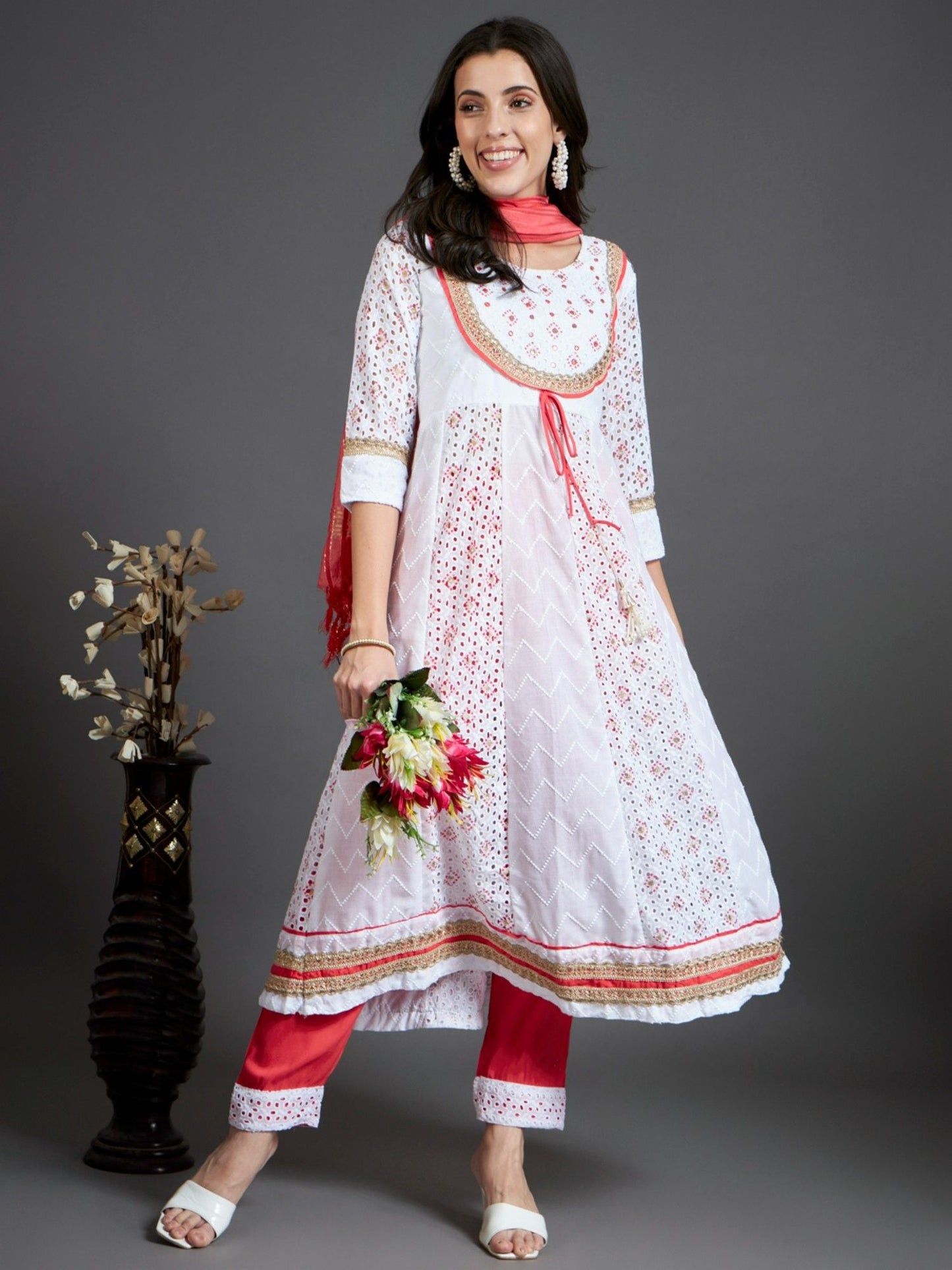 Heeposh Schiffli Embroidered Cotton Anarkali Kurta and Pants with Dupatta (Set of 3)