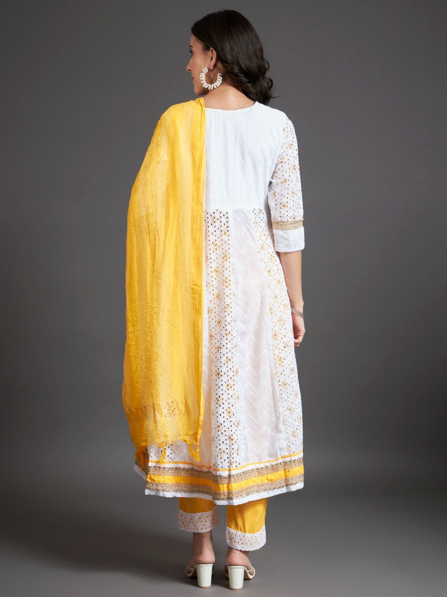 Heeposh Schiffli Embroidered Cotton Anarkali Kurta and Pants with Dupatta (Set of 3)