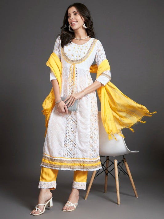 Heeposh Schiffli Embroidered Cotton Anarkali Kurta and Pants with Dupatta (Set of 3)