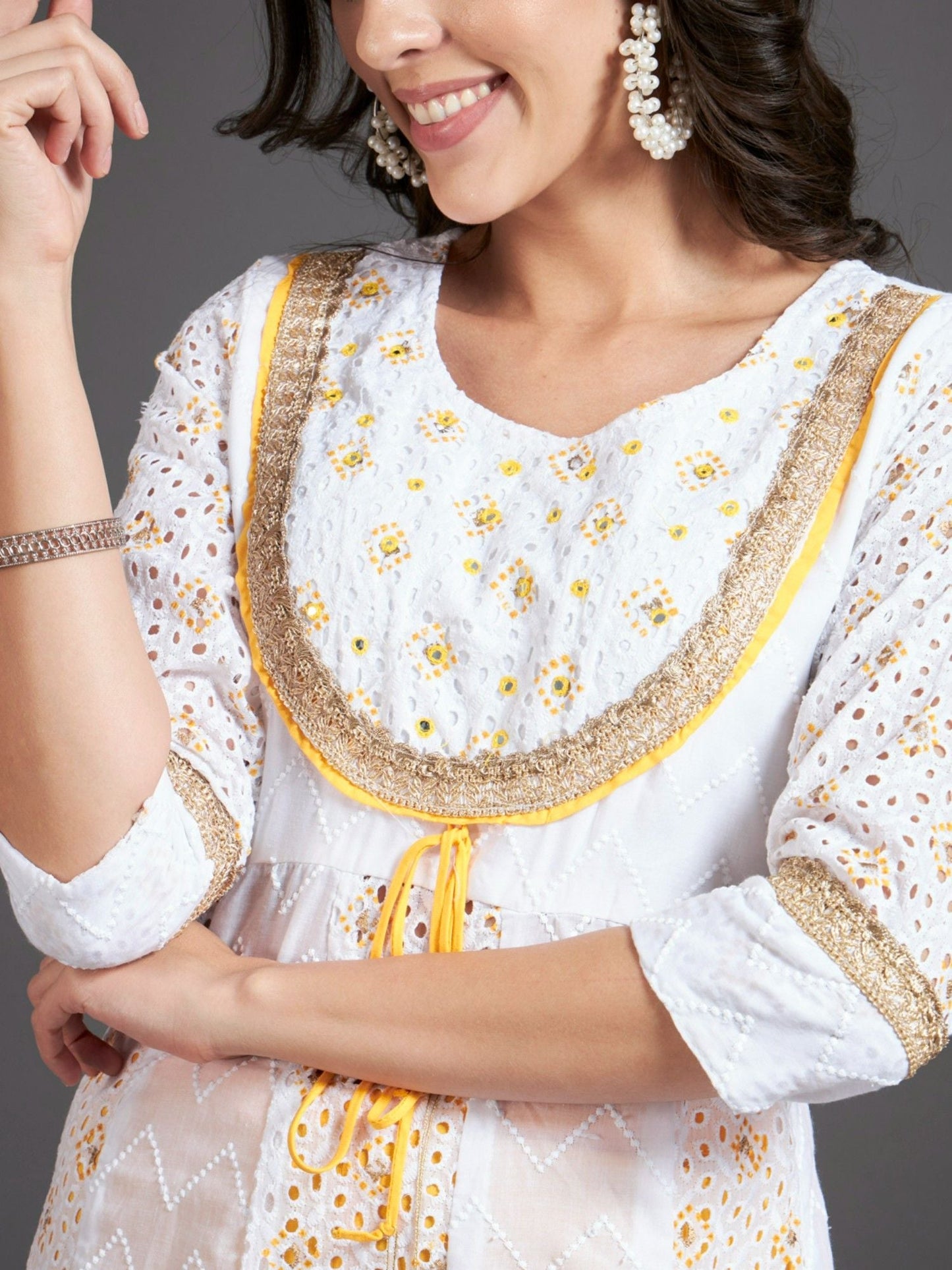 Heeposh Schiffli Embroidered Cotton Anarkali Kurta and Pants with Dupatta (Set of 3)