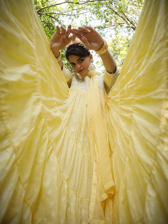 Scakhi Printed Embroidered Cotton Fit & Flared Tiered Dress With Dupatta