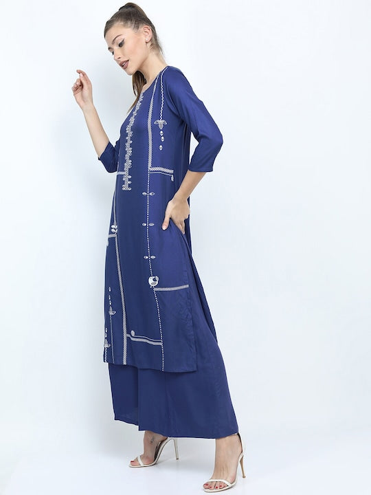 Vishudh Women Blue Printed Straight Kurta with Palazzo
