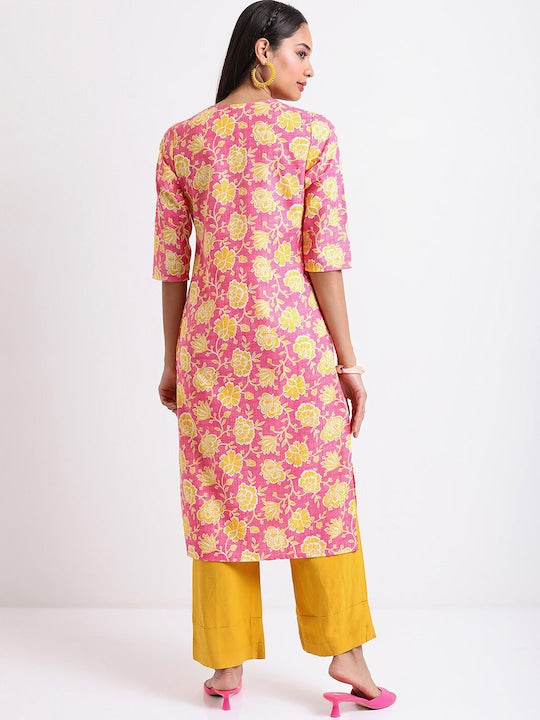 Vishudh Pink & Yellow Floral Printed Sequinned Kurta