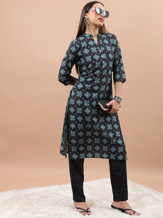 Vishudh Geometric Printed Mandarin Collar Kurta