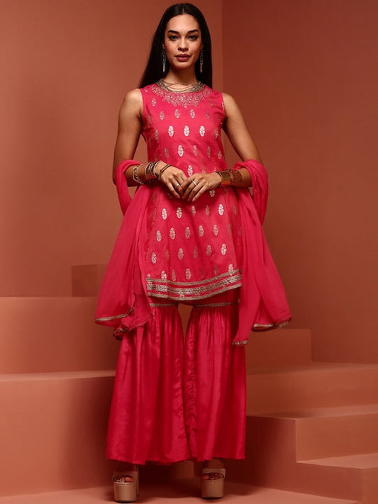 IMARA Ethnic Motifs Woven Design Thread Work Kurta With Sharara & Dupatta