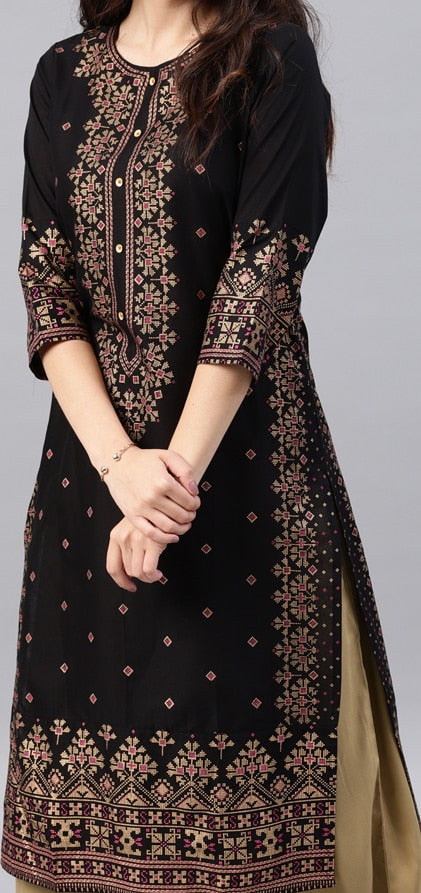 Vishudh Women Black & Golden Printed Straight Kurta