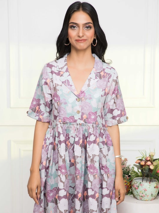Myshka Floral Printed Lapel Collar Midi Fit & Flare Dress