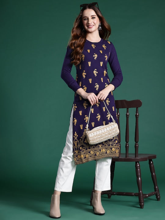 Sangria Ethnic Motifs Woven Design Knitted Kurta