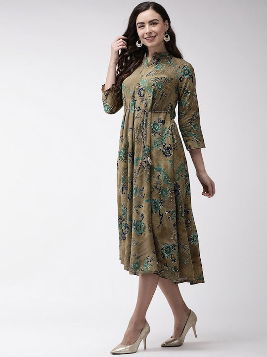 All about you Mustard Brown & Green Floral Printed A-Line Midi Dress