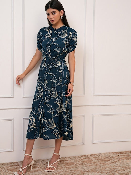 Vishudh Floral Print Mandarin Collar A-Line Midi Dress