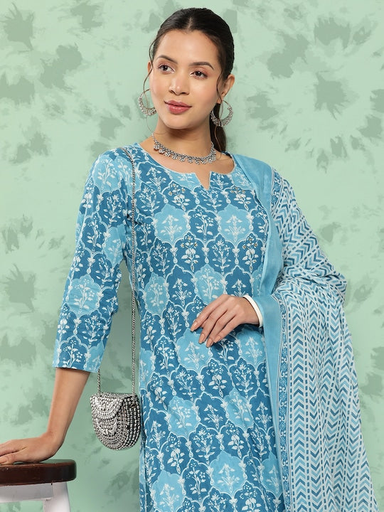 Yufta Ethnic Motifs Printed Beads & Stones Detail Cotton Kurta with Trousers & Dupatta