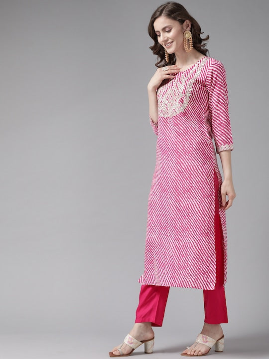 Yufta Women Pink Leheriya Printed Zardozi Kurta with Trousers & With Dupatta