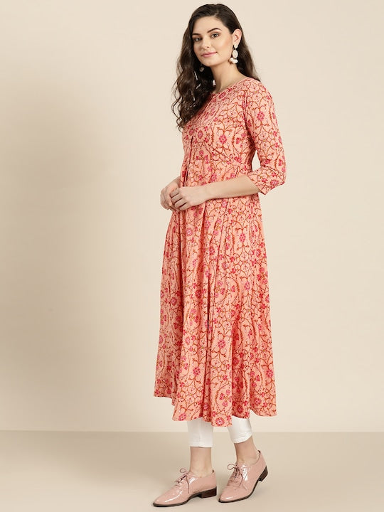 Shae by Sassafras Women Peach-Coloured & Pink Printed Anarkali Kurta