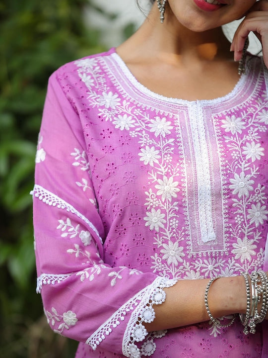 SCAKHI Floral Embroidered Chikankari Pure Cotton Kurta With Trousers & Dupatta