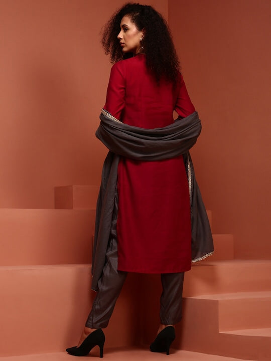 IMARA Ethnic Motifs Embroidered Mirror Work Kurta & Trousers With Dupatta