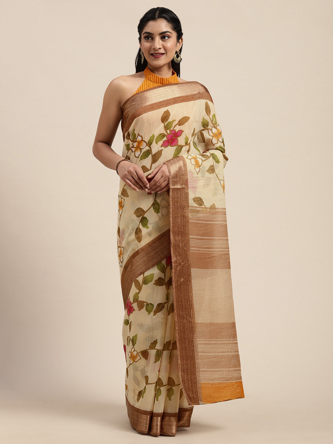 Saree mall Beige & Green Linen Blend Floral Printed Saree