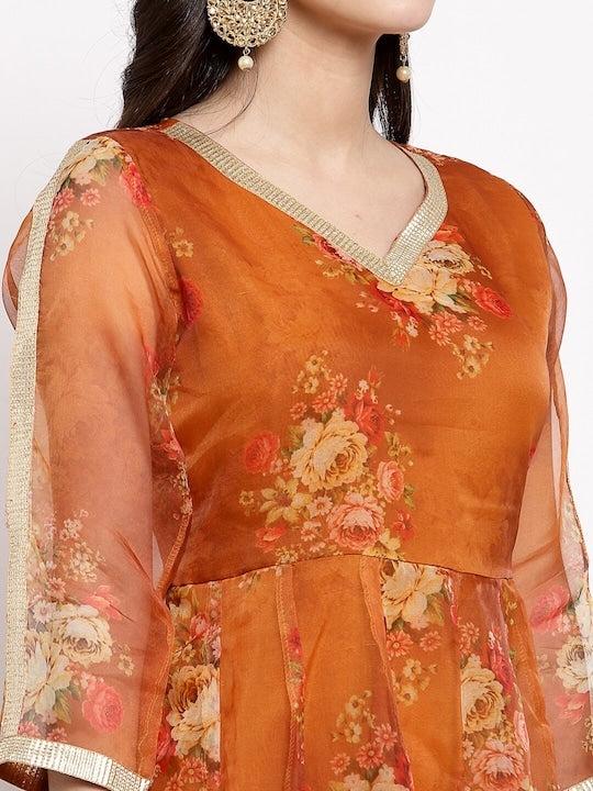 Myshka Brown Floral Printed Anarkali Dress