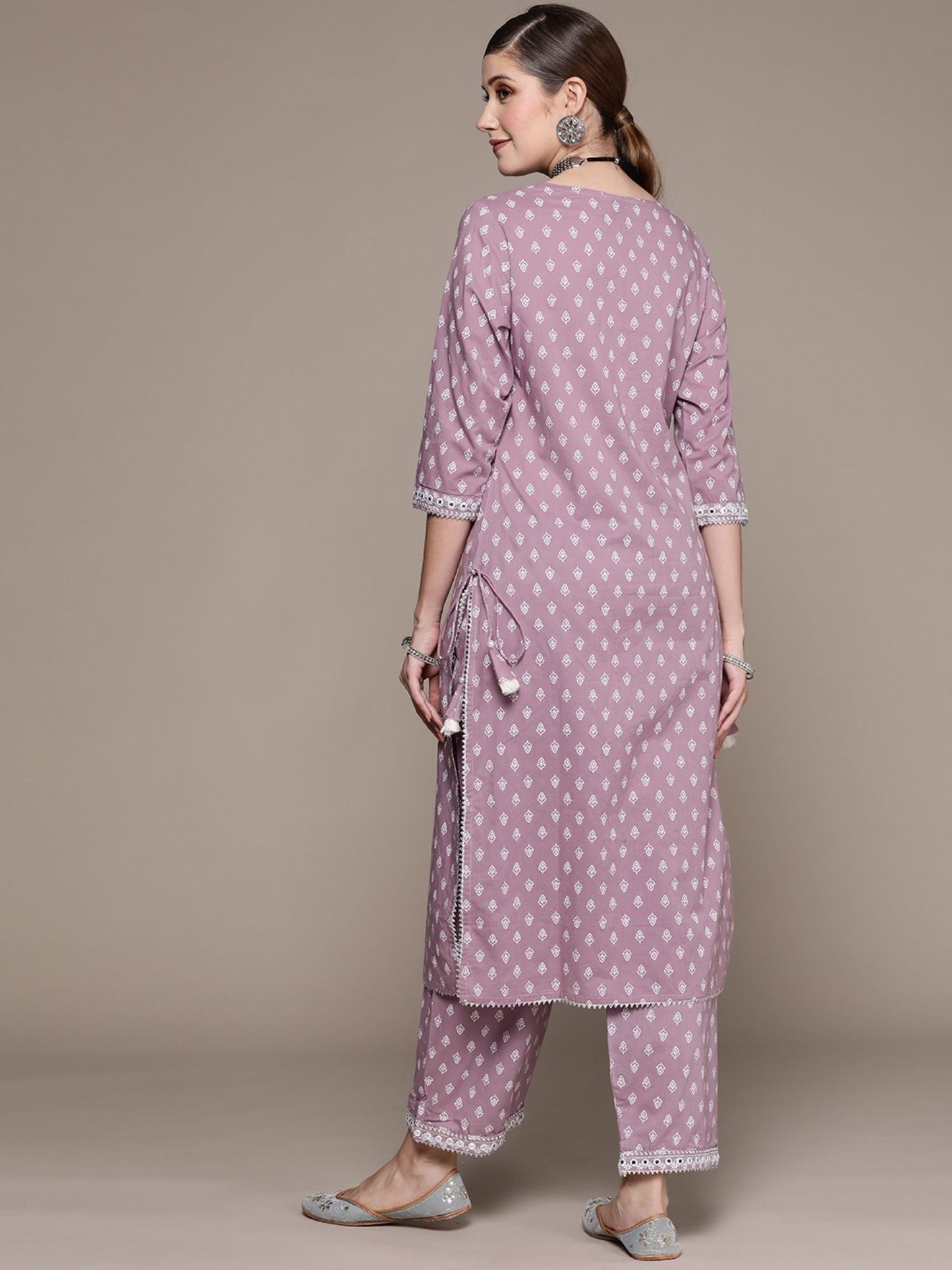 ISHIN Womens Purple Embellished A-Line Kurta with Palazzo (Set of 2)