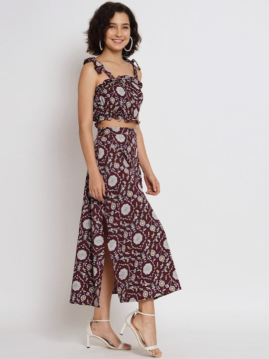 All about you Floral Printed Shoulder Straps Crop Top & Skirt