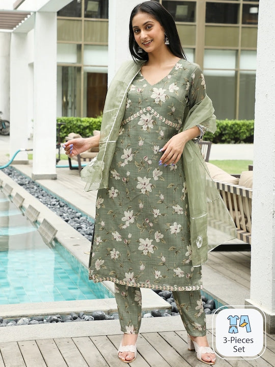 AKS Couture Floral Printed Gotta Patti Straight Kurta With Trousers & Dupatta