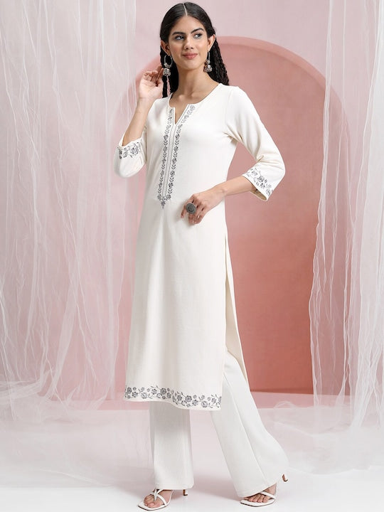 Vishudh Cream-Coloured Floral Yoke Design Thread Work Straight Kurta