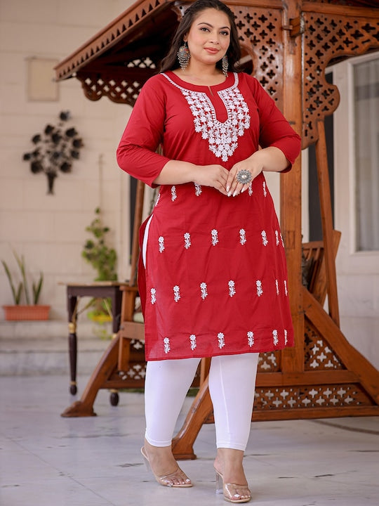 Yufta Plus Size Floral Embroidered Chikankari Pure Cotton Kurta