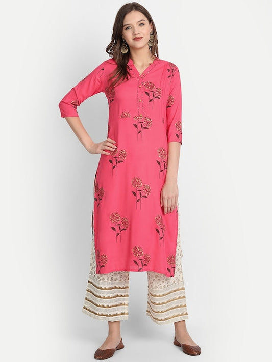 Anubhutee Women Pink & Off White Floral Printed Kurta with Palazzos - XL