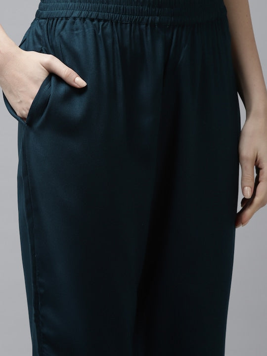 Yufta Women Teal Yoke Design Thread Work Kurta with Trousers & With Dupatta