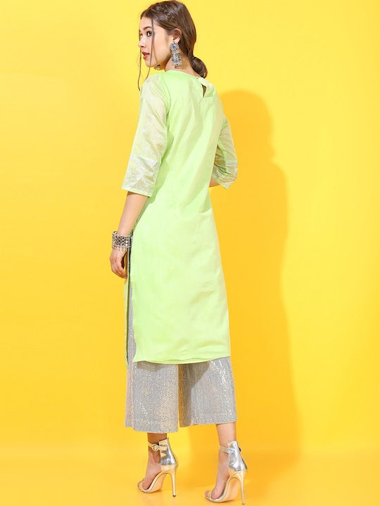 Vishudh Women Green Ethnic Motifs Printed Straight Kurta