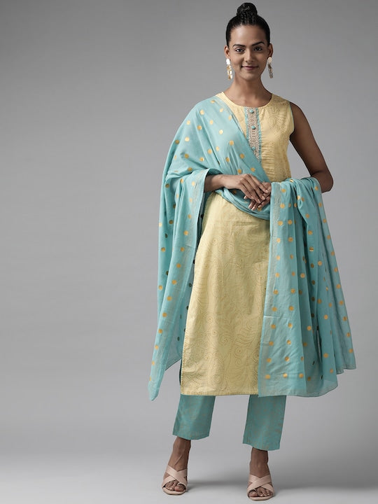 Yufta Women Yellow Bandhani Printed Gotta Patti Pure Cotton Kurta with Trousers & With Dupatta