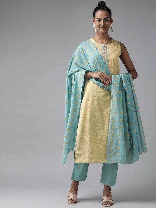 Yufta Women Yellow Bandhani Printed Gotta Patti Pure Cotton Kurta with Trousers & With Dupatta