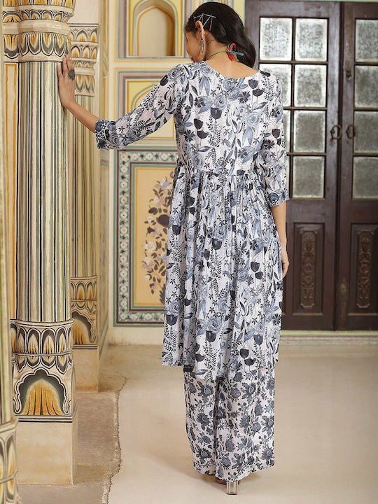 AKS Couture Floral Printed V-Neck Kurta with Palazzos