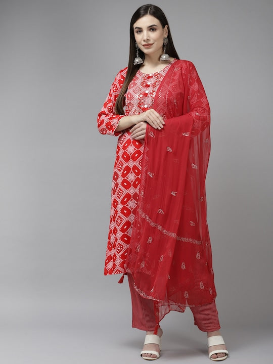 Yufta Women Red Bandhani Embroidered Sequinned Kurta with Trousers & With Dupatta