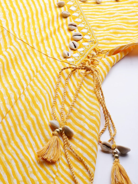 Yufta Women Yellow & White Leheriya Printed Kurta With Coffee Bean Shell Detail