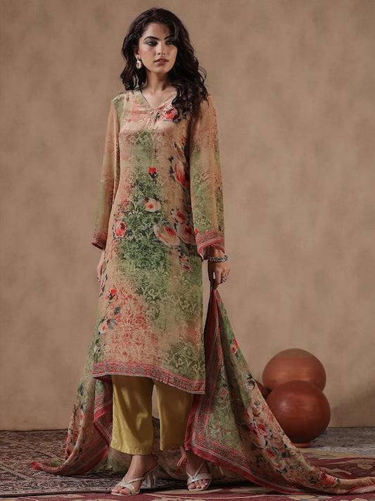 Scakhi Ethnic Motifs Printed Regular Silk Crepe Kurta with Trousers & With Dupatta