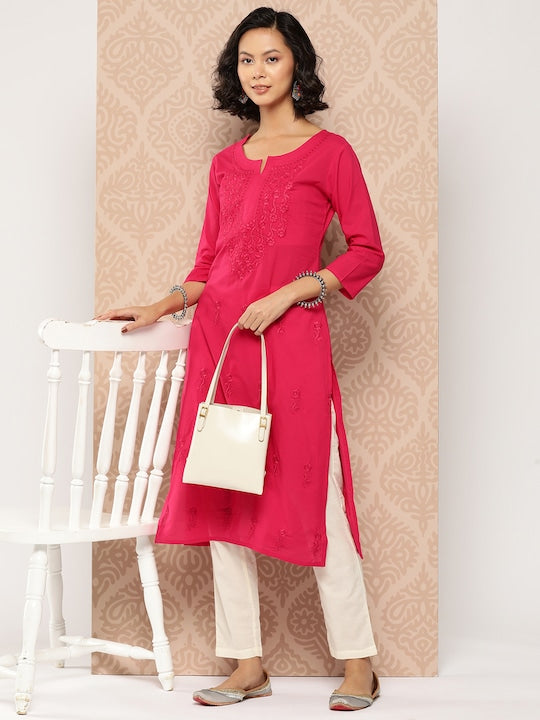 Yufta Floral Embroidered Chikankari Cotton Kurta Pink
