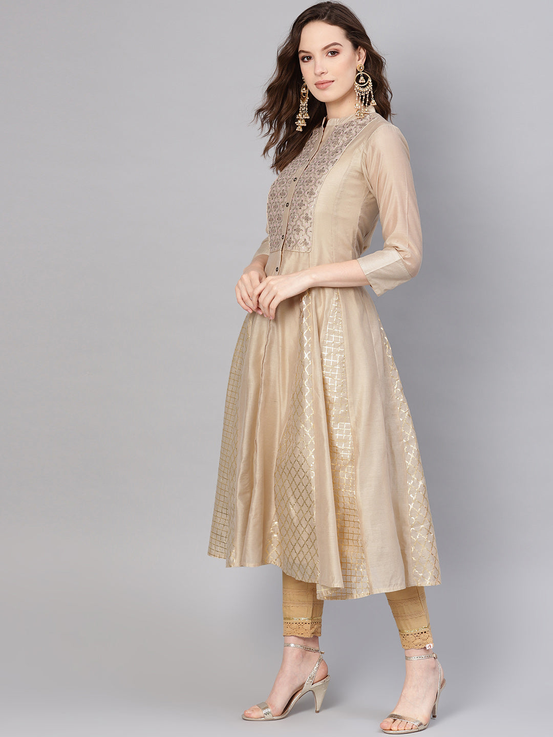 Juniper Women Beige & Golden Foil Print Layered Anarkali Kurta