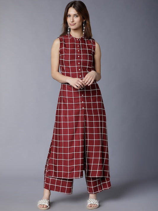 Vishudh Women Maroon Checked Kurta with Palazzos
