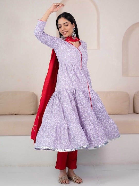Myshka V-Neck Floral Printed Anarkali Kurta with Trousers & Dupatta