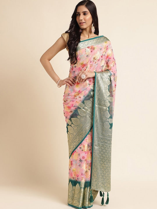 Fabmora Floral Zari Pure Georgette Saree with Tassels