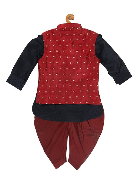 Vastramay Sishu Boys Black Regular Kurta With Dhoti Pants and Woven Nehru Jacket