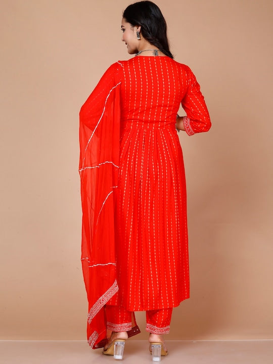 Here&now Floral Embroidered Mirror Work A-line Kurta With Trousers & Dupatta