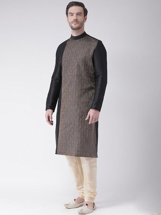 Deyann Men Black & Beige Ethnic Motifs Thread Work Jacquard Kurta