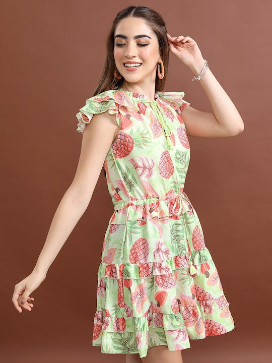 Vishudh Tropical Print Tie-Up Neck Tiered Fit & Flare Mini Dress