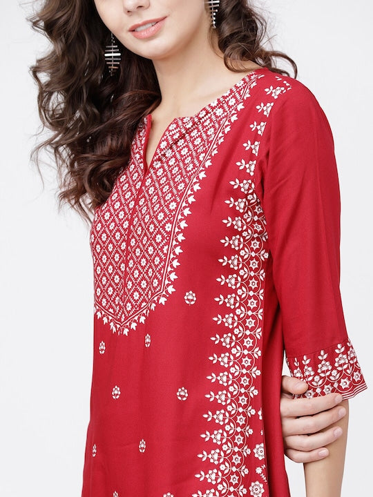 Vishudh Women Red & Off White Ethnic Motifs Printed Thread Work Kurta