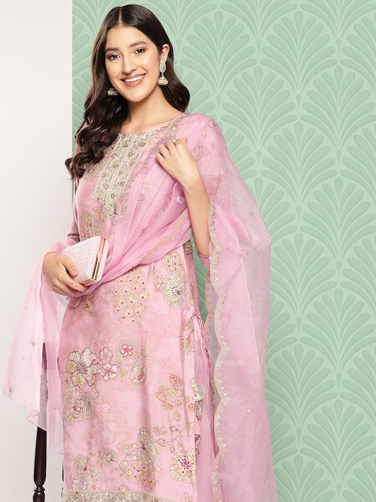 Yufta Women Floral Printed Regular Pure Silk Kurta with Trousers & With Dupatta